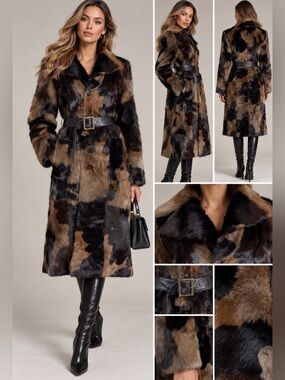 Cowskin Long Brown & Black cow hair  shearling Fur Belted coat